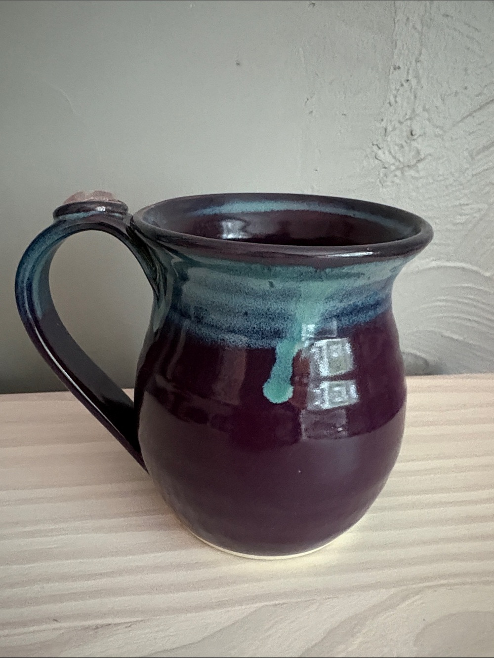 Handcrafted Healing Touch Pottery Purple & Teal Glazed Ceramic Mug with Stone